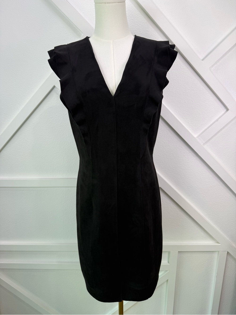 NWT Bailey 44 Anthropologie Faux Suede Black Sheath Dress Ruffle Sleeve V Neck L